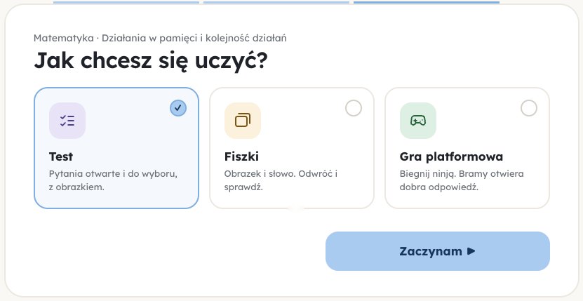 Wybór sposobu nauki: test, fiszki albo gra platformowa